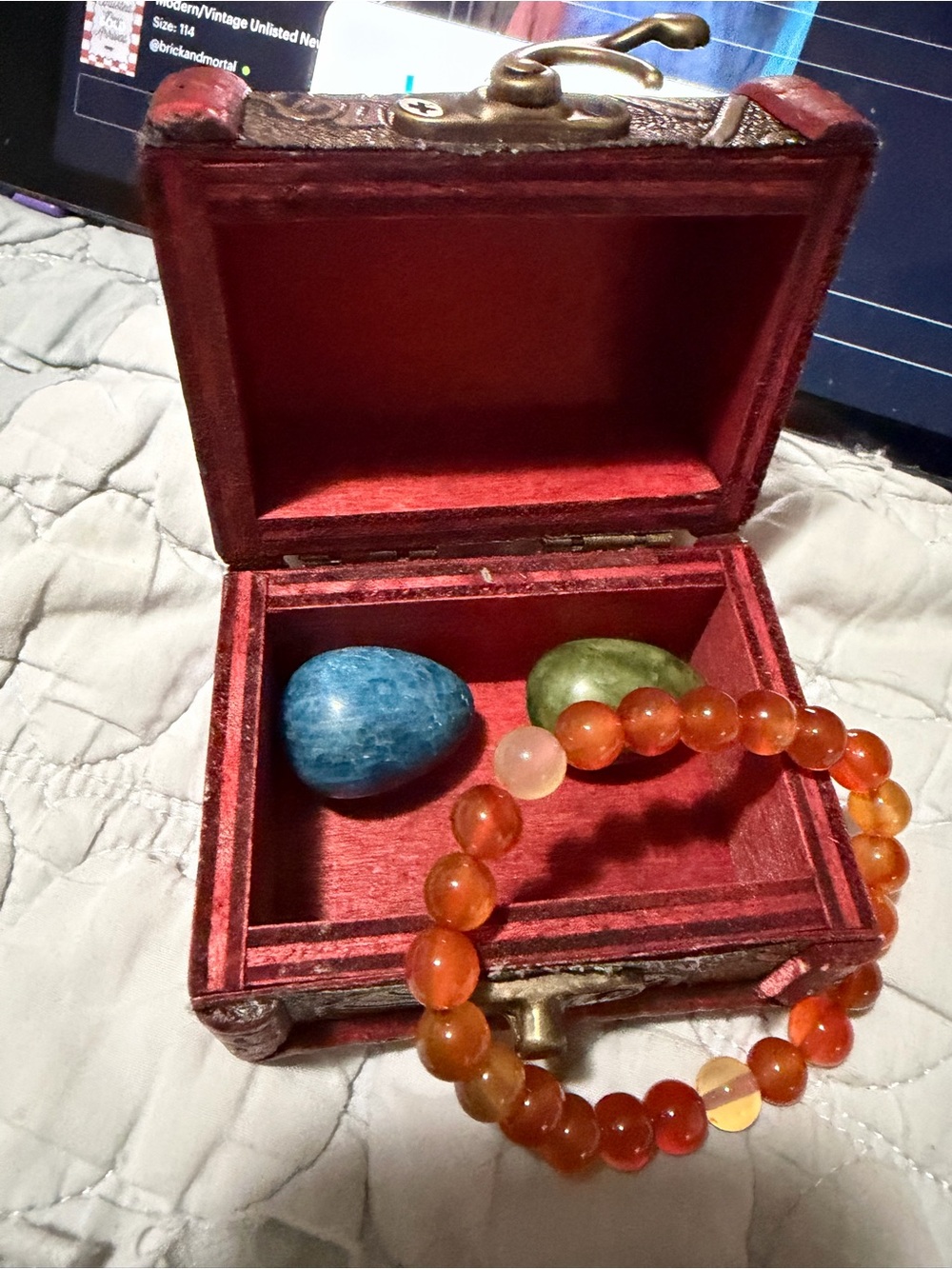 Tiny chest w/ Crystal eggs and Carnelian Beaded Stretch Bracelet